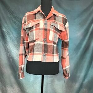 FOR THE‎ REPUBLIC Women's Coral Plaid Cropped Shirt Jacket Size Small